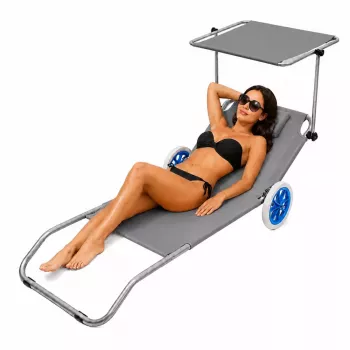 LEAN Garden Beach Deckchair on Wheels su sulankstomu stogeliu, aliuminis, pilkas