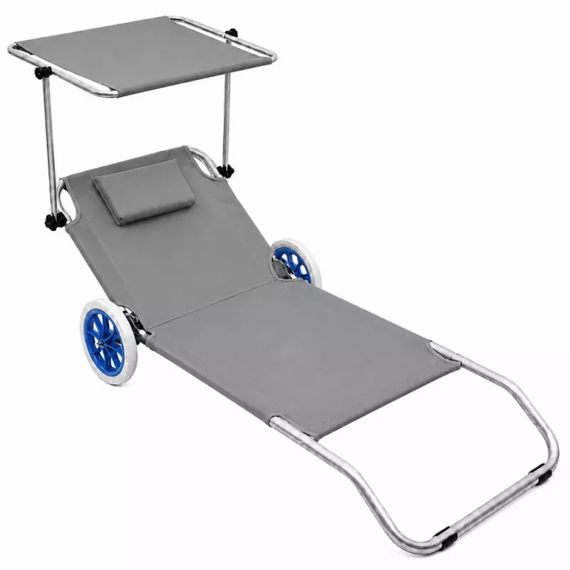 LEAN Garden Beach Deckchair on Wheels su sulankstomu stogeliu, aliuminis, pilkas