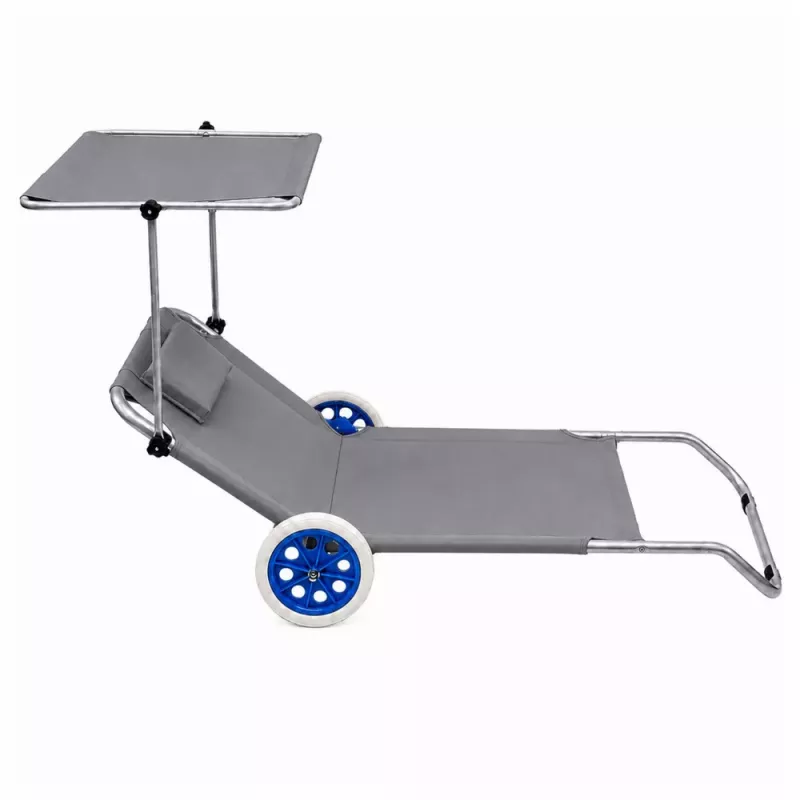 LEAN Garden Beach Deckchair on Wheels su sulankstomu stogeliu, aliuminis, pilkas