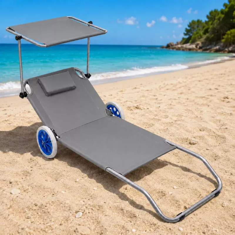 LEAN Garden Beach Deckchair on Wheels su sulankstomu stogeliu, aliuminis, pilkas