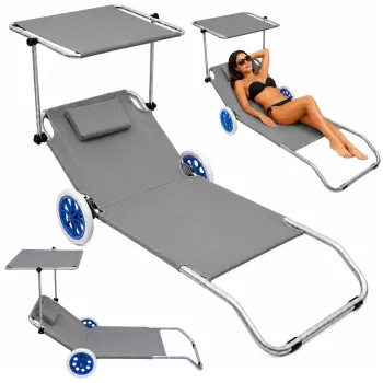 LEAN Garden Beach Deckchair on Wheels su sulankstomu stogeliu, aliuminis, pilkas