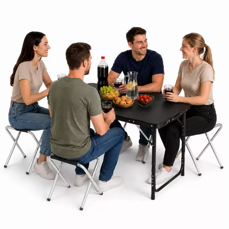 LEAN Camping Furniture Set Folding Table 4 Stools Black Suitcase