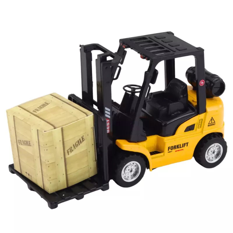 LEAN TOYS Šakininis krautuvas su motorizuotomis metalinėmis šakėmis dėžėms ir padėklams kelti, geltona