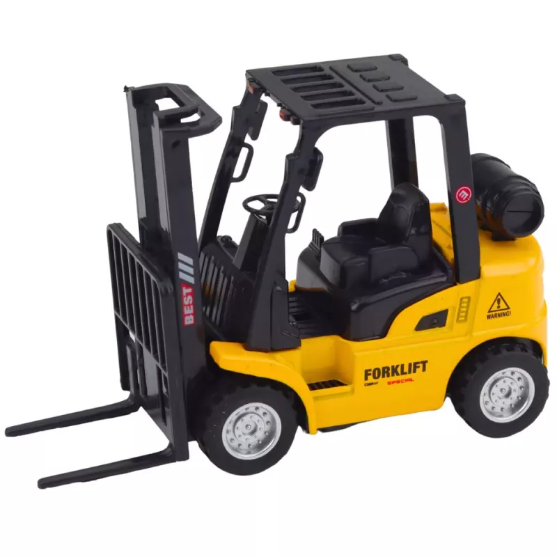 LEAN TOYS Šakininis krautuvas su motorizuotomis metalinėmis šakėmis dėžėms ir padėklams kelti, geltona
