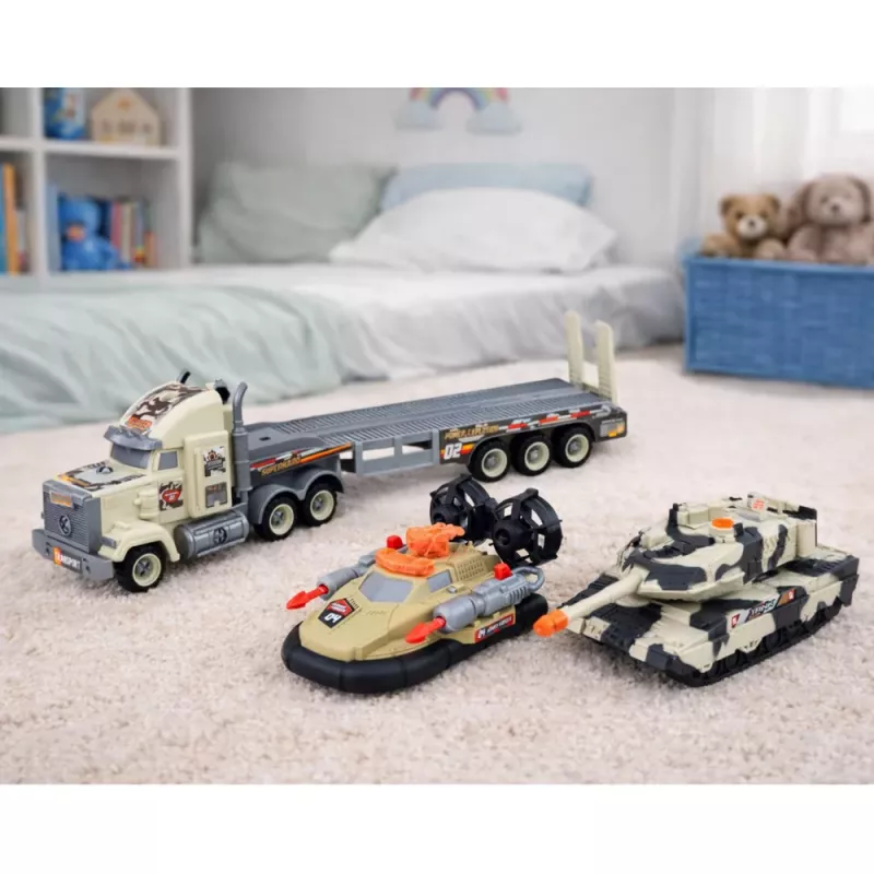 LEAN TOYS Karinis rinkinys: armijos sunkvežimis, tankas, laivas ant oro pagalvės ir kareivėliai