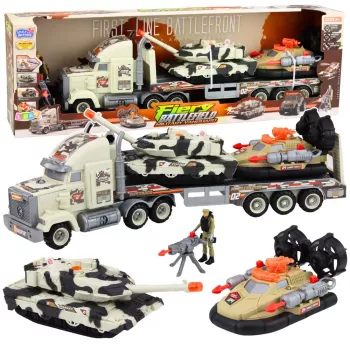 LEAN TOYS Karinis rinkinys: armijos sunkvežimis, tankas, laivas ant oro pagalvės ir kareivėliai