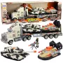 LEAN TOYS Karinis rinkinys: armijos sunkvežimis, tankas, laivas ant oro pagalvės ir kareivėliai