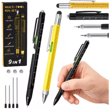 LEAN 9-in-1 Multifunction Pen Spirit Level Flashlight Screwdriver Yellow Black 2 vnt.