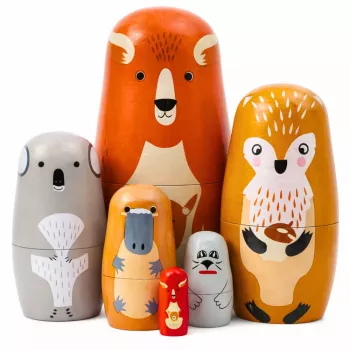 LEAN TOYS Medinių matrioškų lizdinių lėlių rinkinio dėlionė Miško gyvūnai 6 vnt.