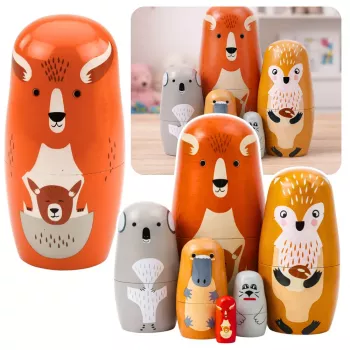 LEAN TOYS Medinių matrioškų lizdinių lėlių rinkinio dėlionė Miško gyvūnai 6 vnt.