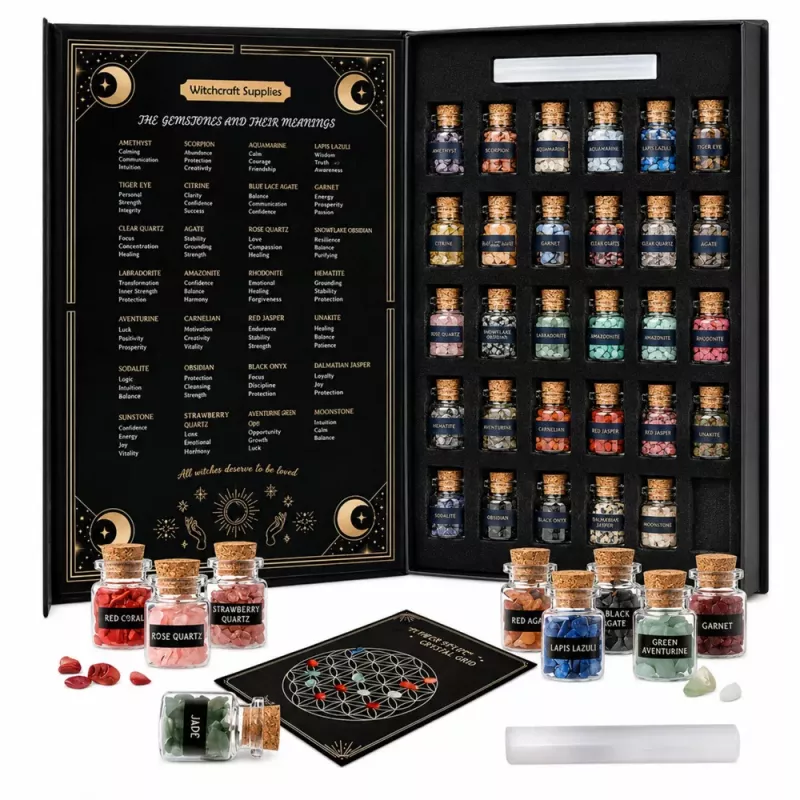 LEAN TOYS Rinkinys „Kristalai, mineralai ir brangakmeniai stiklainėliuose“ su knyga, 30 vnt.