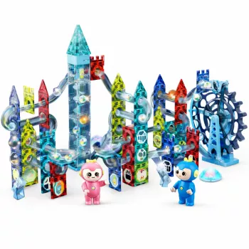 LEAN TOYS Magnetinių kaladėlių rinkinys su kamuoliukų trasa ir malūno ratu, 118 dalių