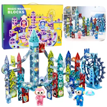 LEAN TOYS Magnetinių kaladėlių rinkinys su kamuoliukų trasa ir malūno ratu, 118 dalių