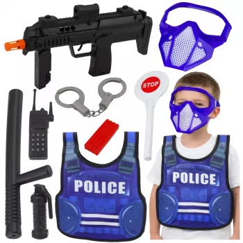 LEAN TOYS Policijos rinkinys su liemene, šautuvu, kauke ir racija