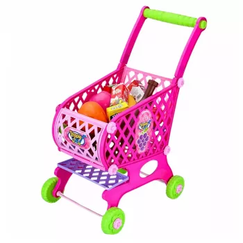 LEAN TOYS Didelis prekybos vežimėlis vaikams su bakalėjos prekėmis, rožinis, 52 cm, 46 dalių