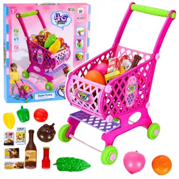 LEAN TOYS Didelis prekybos vežimėlis vaikams su bakalėjos prekėmis, rožinis, 52 cm, 46 dalių