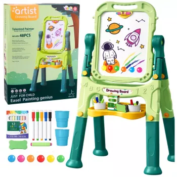LEAN TOYS Dvipusė magnetinė sauso trynimo ir kreidinė lenta su magnetais ir kreidelėmis, 48 vnt.
