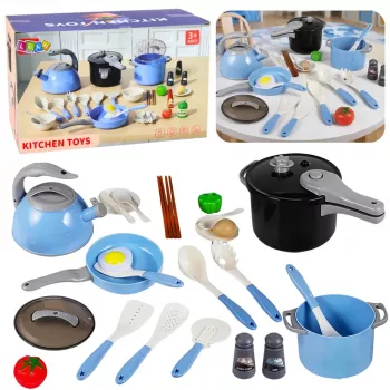 LEAN TOYS Virtuvės reikmenų rinkinys su puodais, keptuve, virduliu ir aksesuarais, mėlynas, 32 vnt.