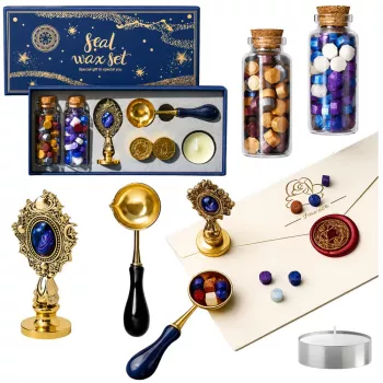 LEAN TOYS Vienkartinio vaško antspaudo rinkinys „Wax Seal Set“ – 6 dalių komplektas su žalvariniu antspaudu, lydymo šaukšteliu, vaško lazdelėmis ir žvakele