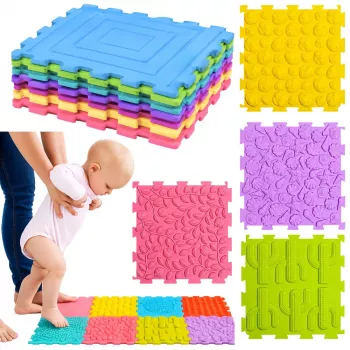 LEAN TOYS Sensorinis silikoninis dėlionės kilimėlis Sensorinis takelis Spalvotas 25 cm 12 vnt.
