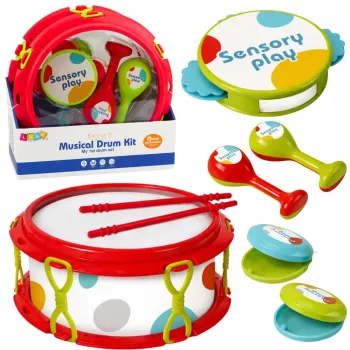 LEAN TOYS muzikos instrumentų rinkinys vaikams – būgnas, barškučiai, tamburinas, kastanjetės