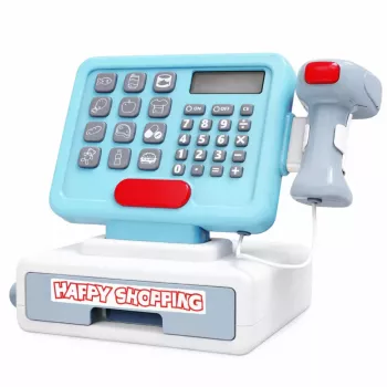 LEAN TOYS Interaktyvus kasos aparatas su skeneriu, krepšeliu, maisto produktais, šviesomis ir garsais