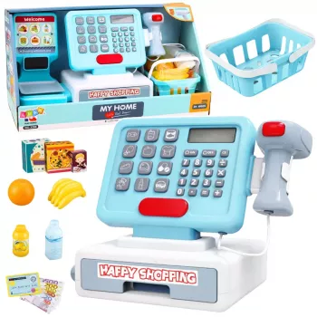 LEAN TOYS Interaktyvus kasos aparatas su skeneriu, krepšeliu, maisto produktais, šviesomis ir garsais