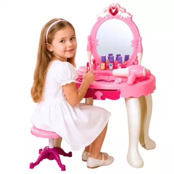 LEAN TOYS Vaikiškas tualetinis staliukas su kėde, šviesomis, džiovintuvu, aksesuarais, garsais, rožinis