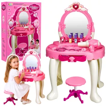 LEAN TOYS Vaikiškas tualetinis staliukas su kėde, šviesomis, džiovintuvu, aksesuarais, garsais, rožinis