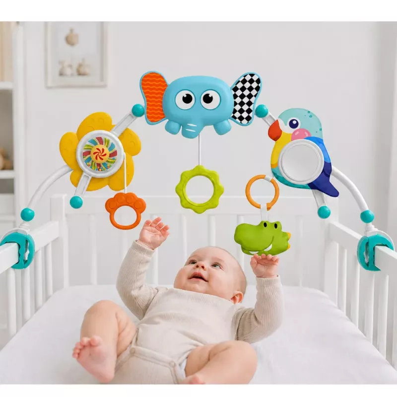 LEAN TOYS Sensorinis lankas su drambliuku lovytei, automobilio kėdutei, vežimėliui, veidrodėliu, barškučiu