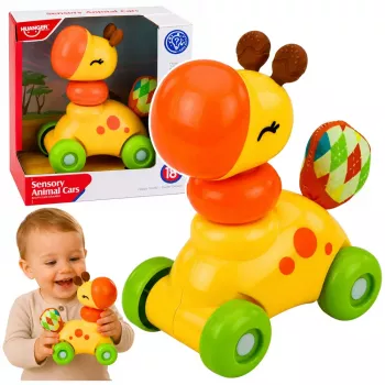 LEAN TOYS Interaktyvus sensorinis žaislas Žirafa automobilis mažiems vaikams geltona