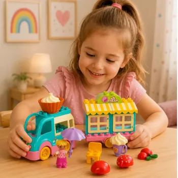 LEAN TOYS Ice Cream Shop Car su motorizuota mergaitės figūrėle – desertų kaladėlių rinkinys