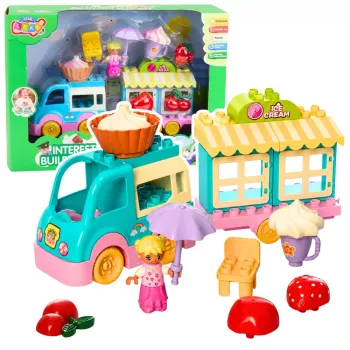 LEAN TOYS Ice Cream Shop Car su motorizuota mergaitės figūrėle – desertų kaladėlių rinkinys