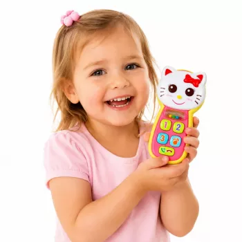 LEAN TOYS Interaktyvus kūdikio telefonas su kačiuko veidrodėliu, barškučiu, švieselėmis ir garsais