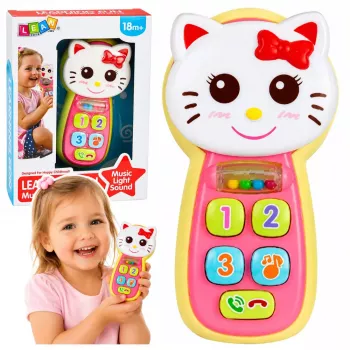 LEAN TOYS Interaktyvus kūdikio telefonas su kačiuko veidrodėliu, barškučiu, švieselėmis ir garsais
