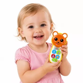 LEAN TOYS Interaktyvus meškiuko formos telefonėlis su veidrodėliu, barškučiu, šviesomis ir garsais