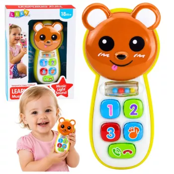 LEAN TOYS Interaktyvus meškiuko formos telefonėlis su veidrodėliu, barškučiu, šviesomis ir garsais
