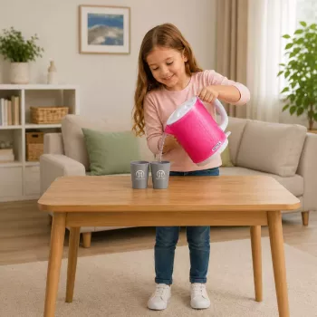LEAN TOYS Vaikų virdulio rinkinys su puodeliais, garsais ir šviesomis, rožinis