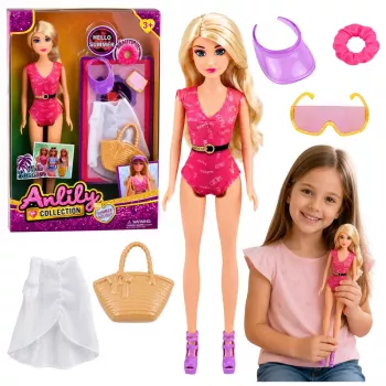 LEAN TOYS Anlily lėlė su maudymosi kostiumėliu, paplūdimio krepšiu ir aksesuarų rinkiniu