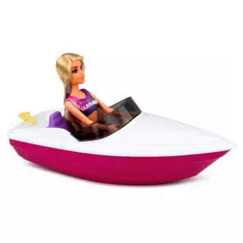 LEAN TOYS Anlily Lėlė su Motorine Valtele, Šuniuku, Gelbėjimosi Liemene, Bortu ir Aksesuarų Rinkinys