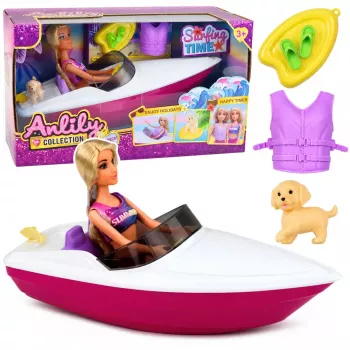 LEAN TOYS Anlily Lėlė su Motorine Valtele, Šuniuku, Gelbėjimosi Liemene, Bortu ir Aksesuarų Rinkinys