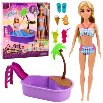 LEAN TOYS Anlily lėlė su baseinu, čiuožykla, palme ir paplūdimio aksesuarais