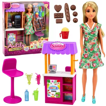 LEAN TOYS Anlily Lėlė Pardavėja su Gėrimais ir Užkandžiais Stendu Aksesuarų Rinkinys