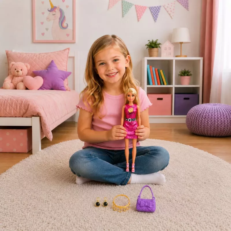 LEAN TOYS Anlily lėlė rožine suknele su rankine, papuošalais ir aksesuarais