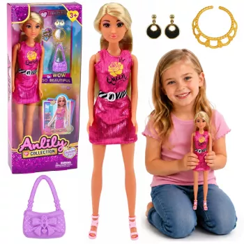 LEAN TOYS Anlily lėlė rožine suknele su rankine, papuošalais ir aksesuarais