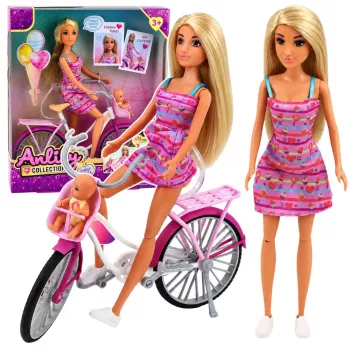 LEAN TOYS Anlily lėlė rožine suknele su dviračiu ir kėdute kūdikiui