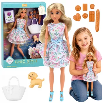 LEAN TOYS Anlily Lėlė su Šuneliu, Gėlėta Suknele, Rankine, Užkandžiais ir Aksesuarais Rinkinys