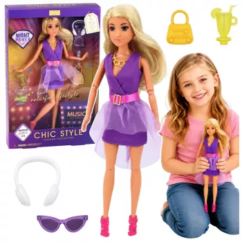 LEAN TOYS Anlily mados lėlė su purpurine suknele, ausinėmis ir aksesuarais