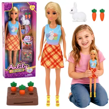 LEAN TOYS Anlily lėlė su baltu triušiu ir morkų stovu