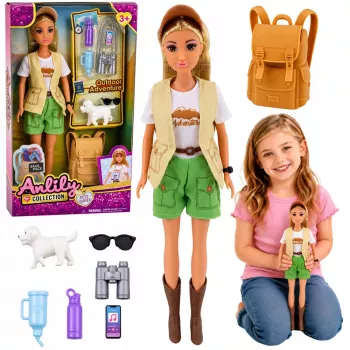 LEAN TOYS Anlily Traveler lėlė su šuns kuprine ir aksesuarais
